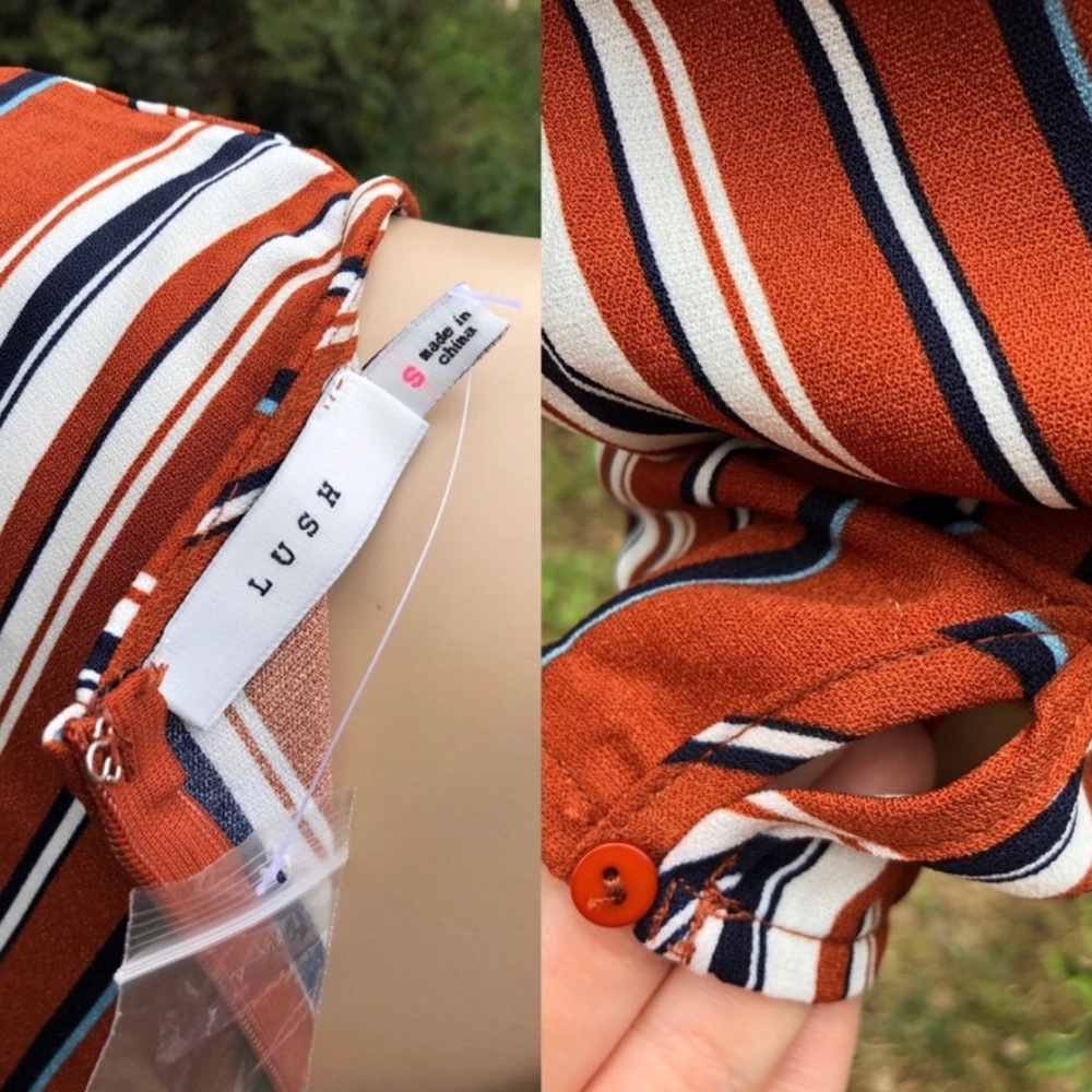 . Nordstrom Lush Rust Orange Striped Asymmetrical Long Sleeve Ruffle Romper - Picture 12 of 15